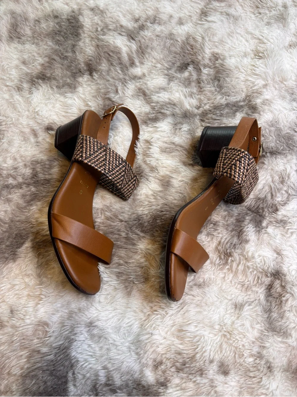 Italian Shoemakers Tan Leather & Woven Strap Block Heel Sandals